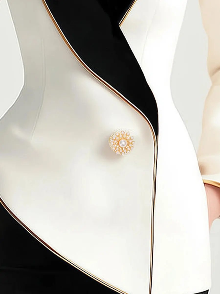 Elegant Asymmetrical White Blazer with Black Contrast Lapels MollyBoo