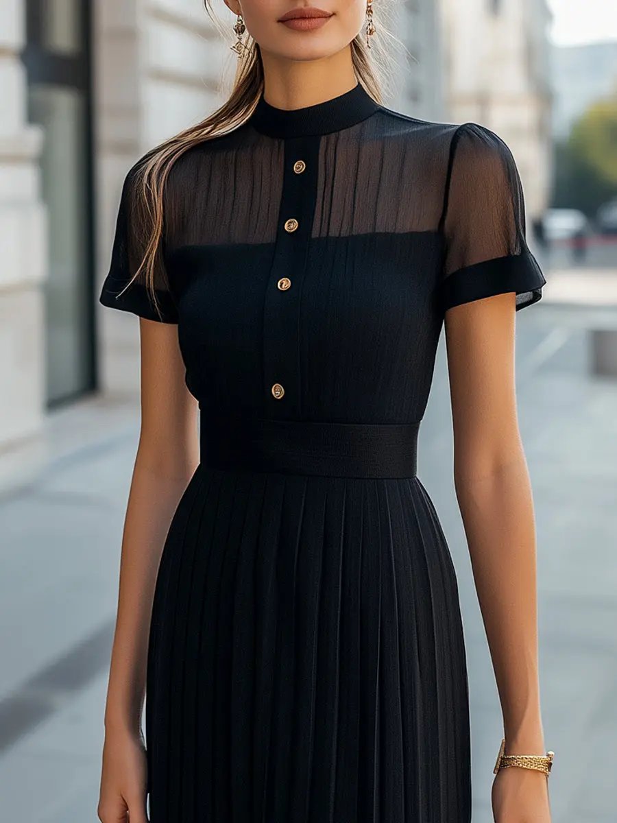 Elegant Sheer High-Neck Button-Up Pleated Dress MollyBoo