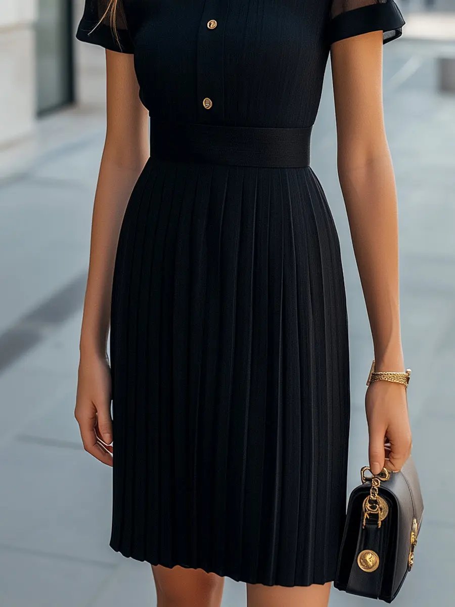 Elegant Sheer High-Neck Button-Up Pleated Dress MollyBoo