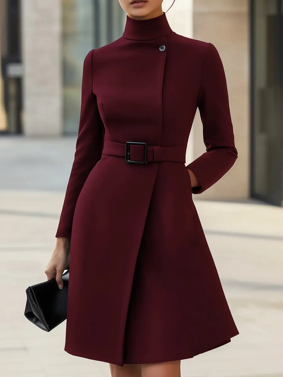 Black High-Neck Asymmetric Belted A-Line Dress MollyBoo