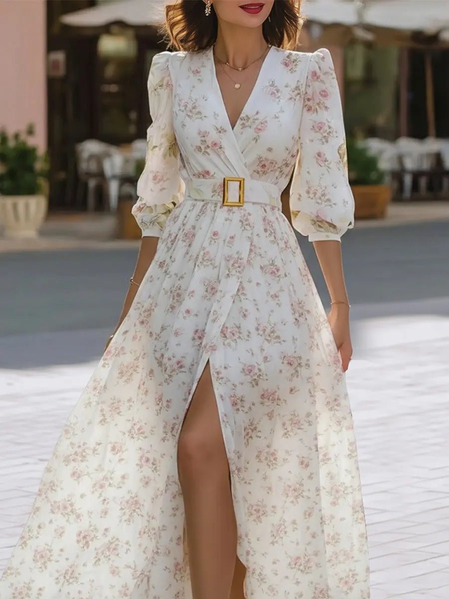 Romantic Floral Chiffon Maxi Dress With Belted Waist MollyBoo
