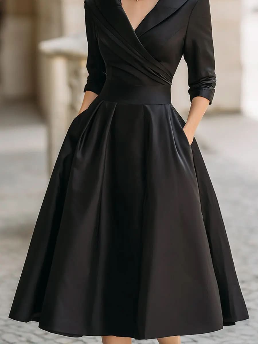 Vintage-Inspired Satin Midi Dress With Draped Collar MollyBoo