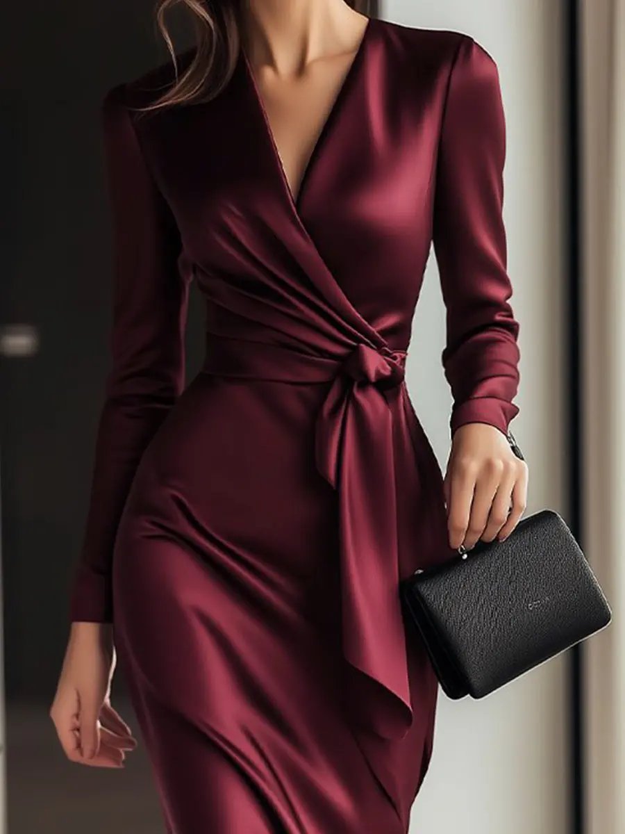 Timeless Burgundy Satin Wrap Dress with Waist Tie Detail MollyBoo