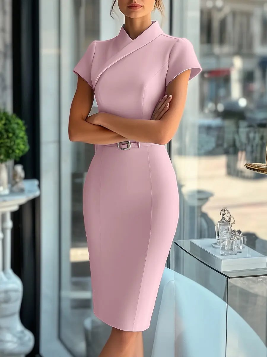 Sleek Sky Blue Asymmetrical Dress with Belt MollyBoo