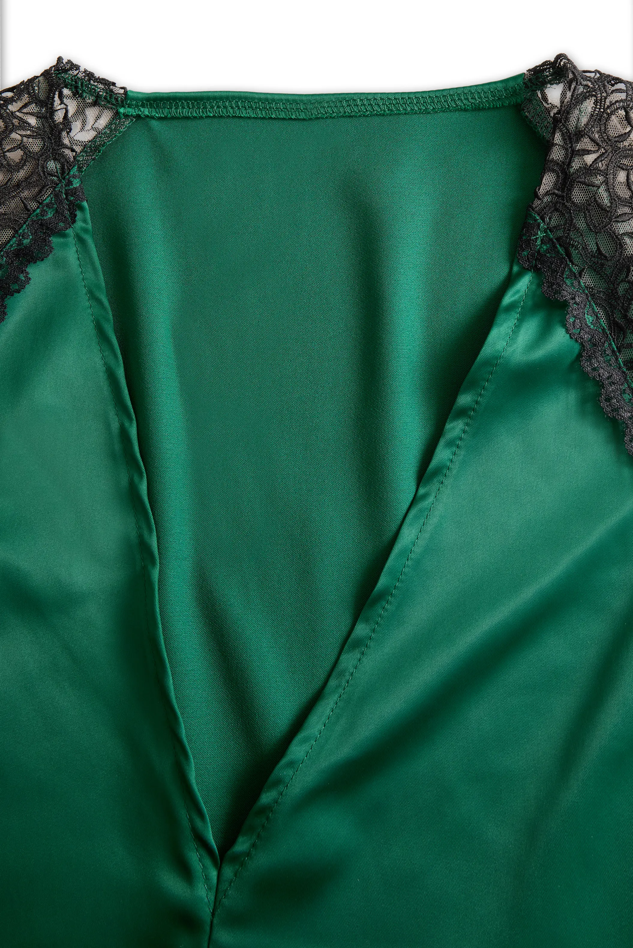 Deep V-Neck Satin Blouse with Lace Details - Emerald Allure MollyBoo