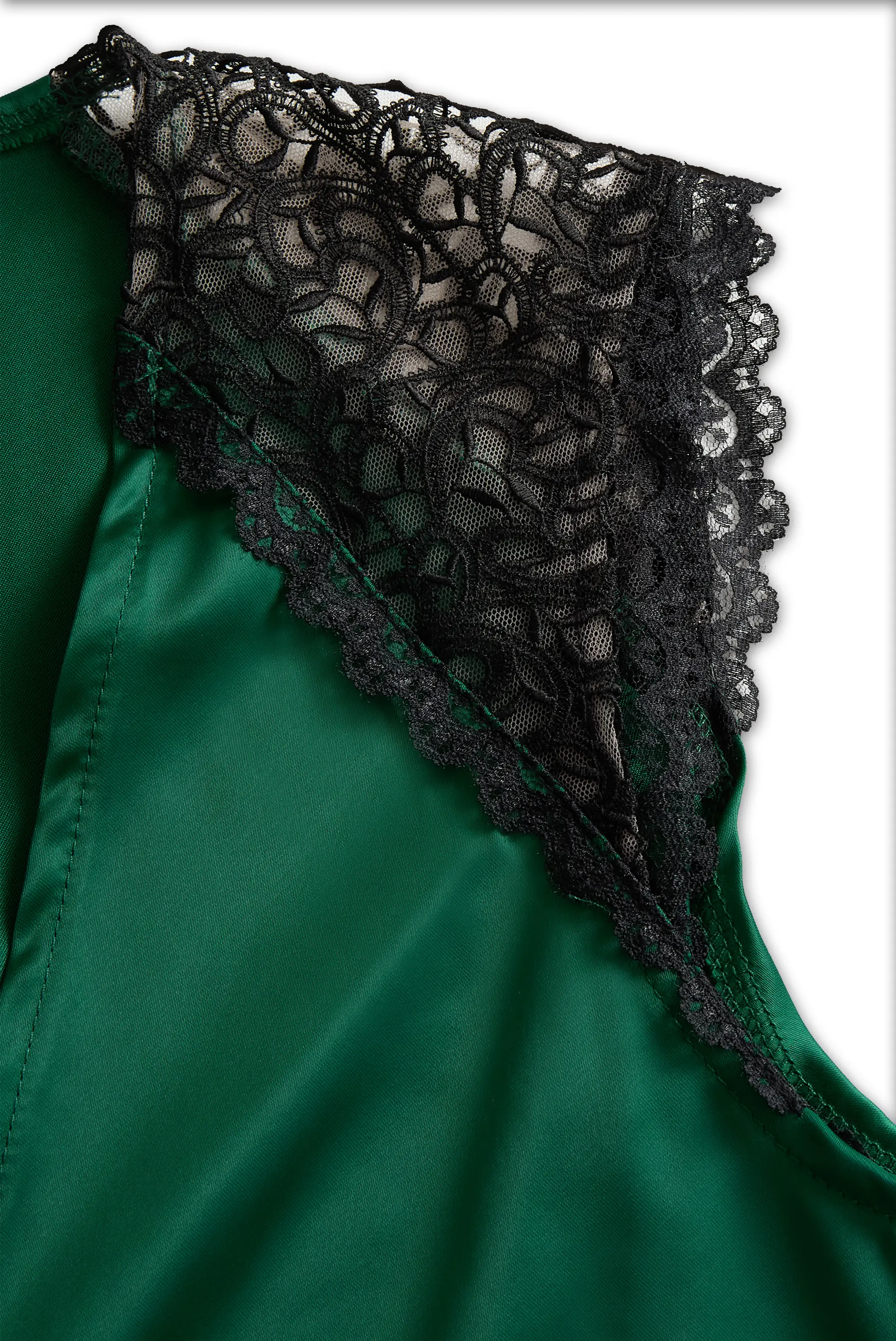 Deep V-Neck Satin Blouse with Lace Details - Emerald Allure MollyBoo