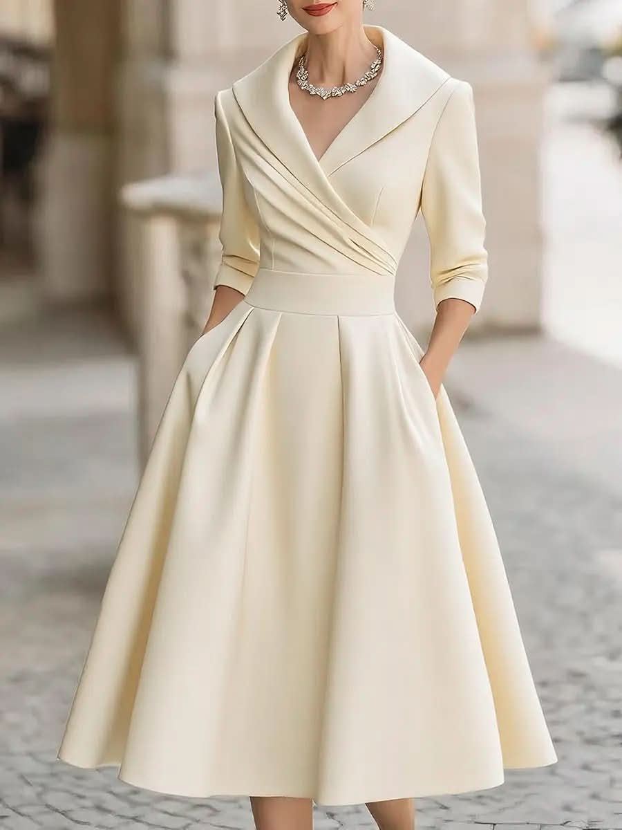 Vintage-Inspired Satin Midi Dress With Draped Collar MollyBoo