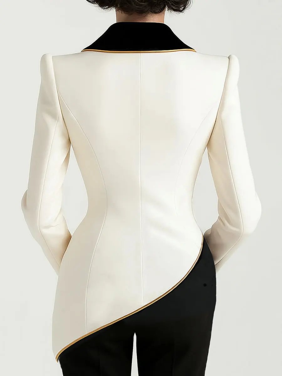 Elegant Asymmetrical White Blazer with Black Contrast Lapels MollyBoo