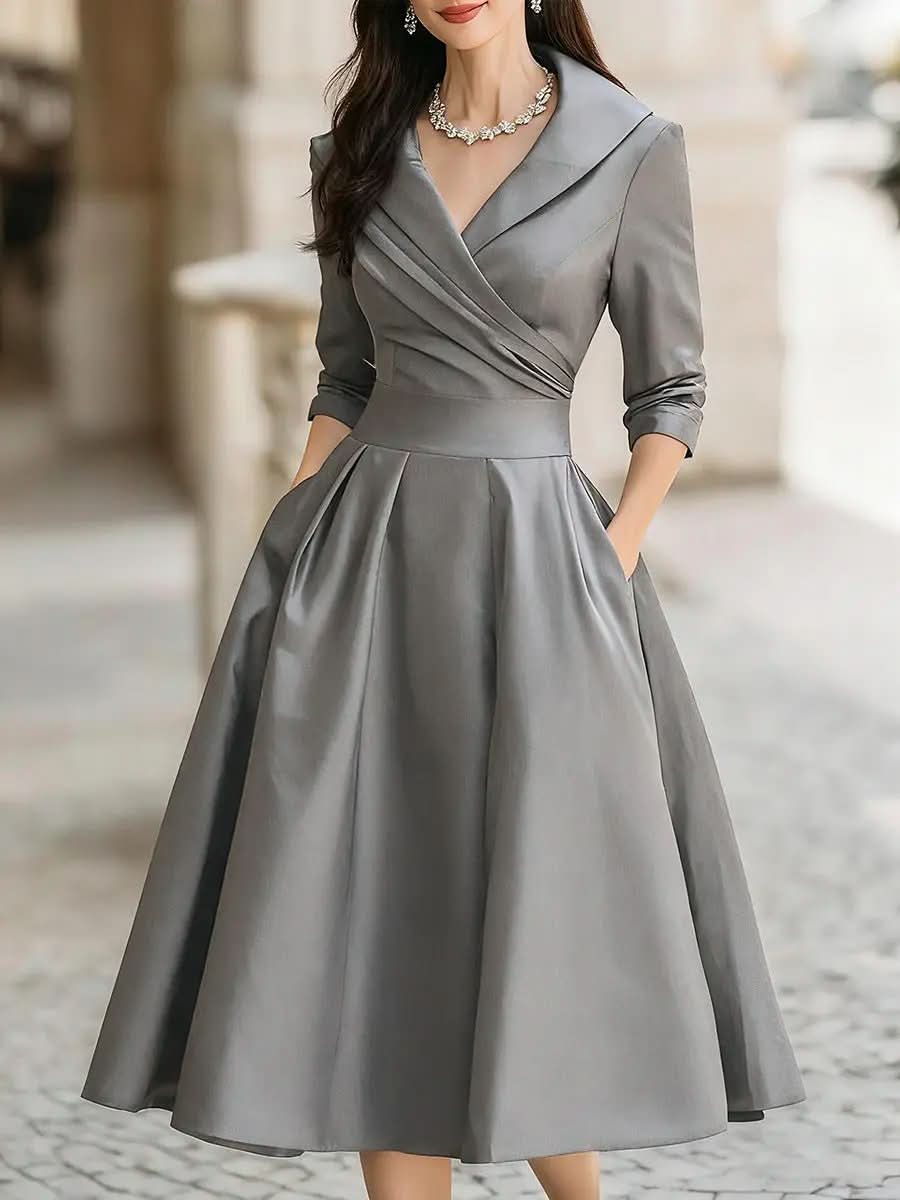Vintage-Inspired Satin Midi Dress With Draped Collar MollyBoo