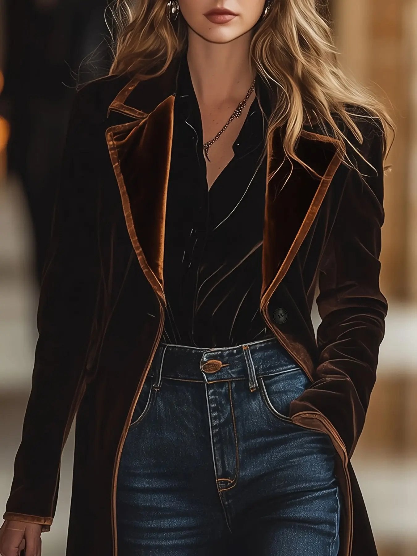 Elegant Long Velvet Coat in Brown MollyBoo