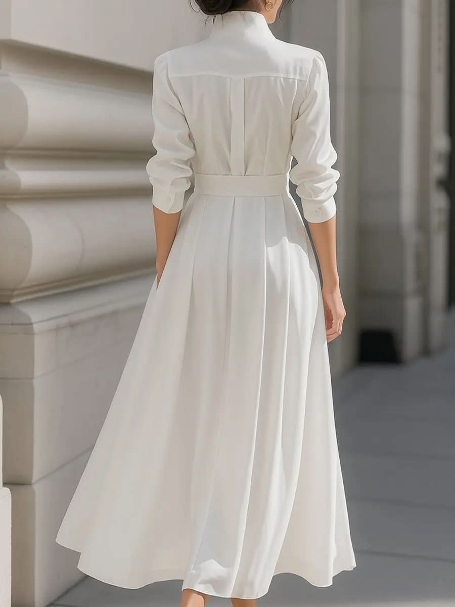 Elegant Plain Belted Shirt Dress With Pleated Skirt MollyBoo