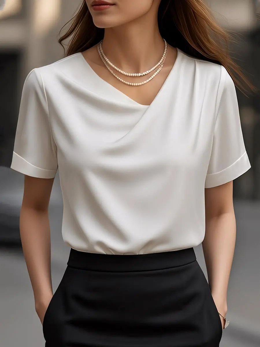 Elegant Plain Short-Sleeve Blouse with Draped Neckline MollyBoo