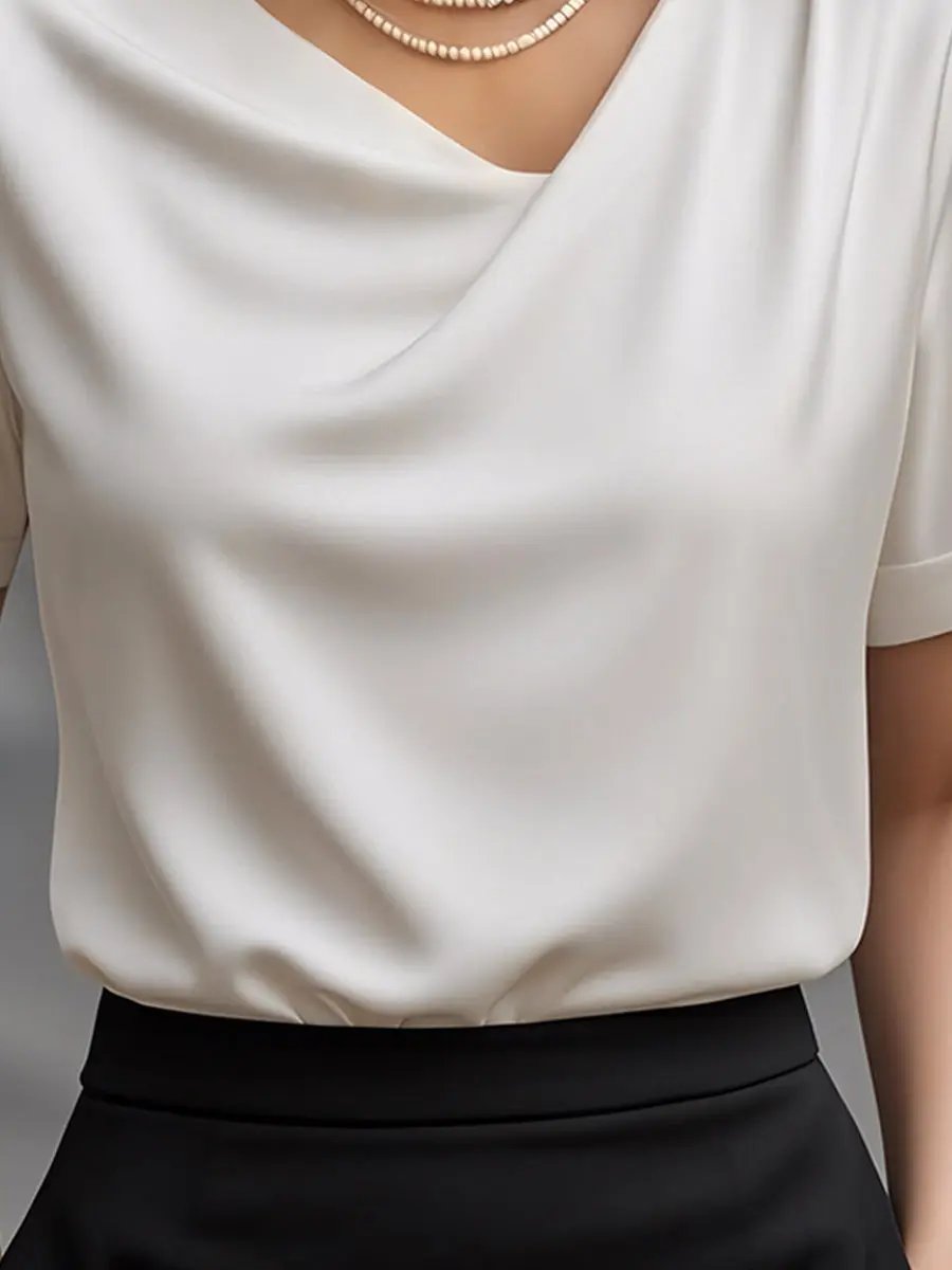 Elegant Plain Short-Sleeve Blouse with Draped Neckline MollyBoo