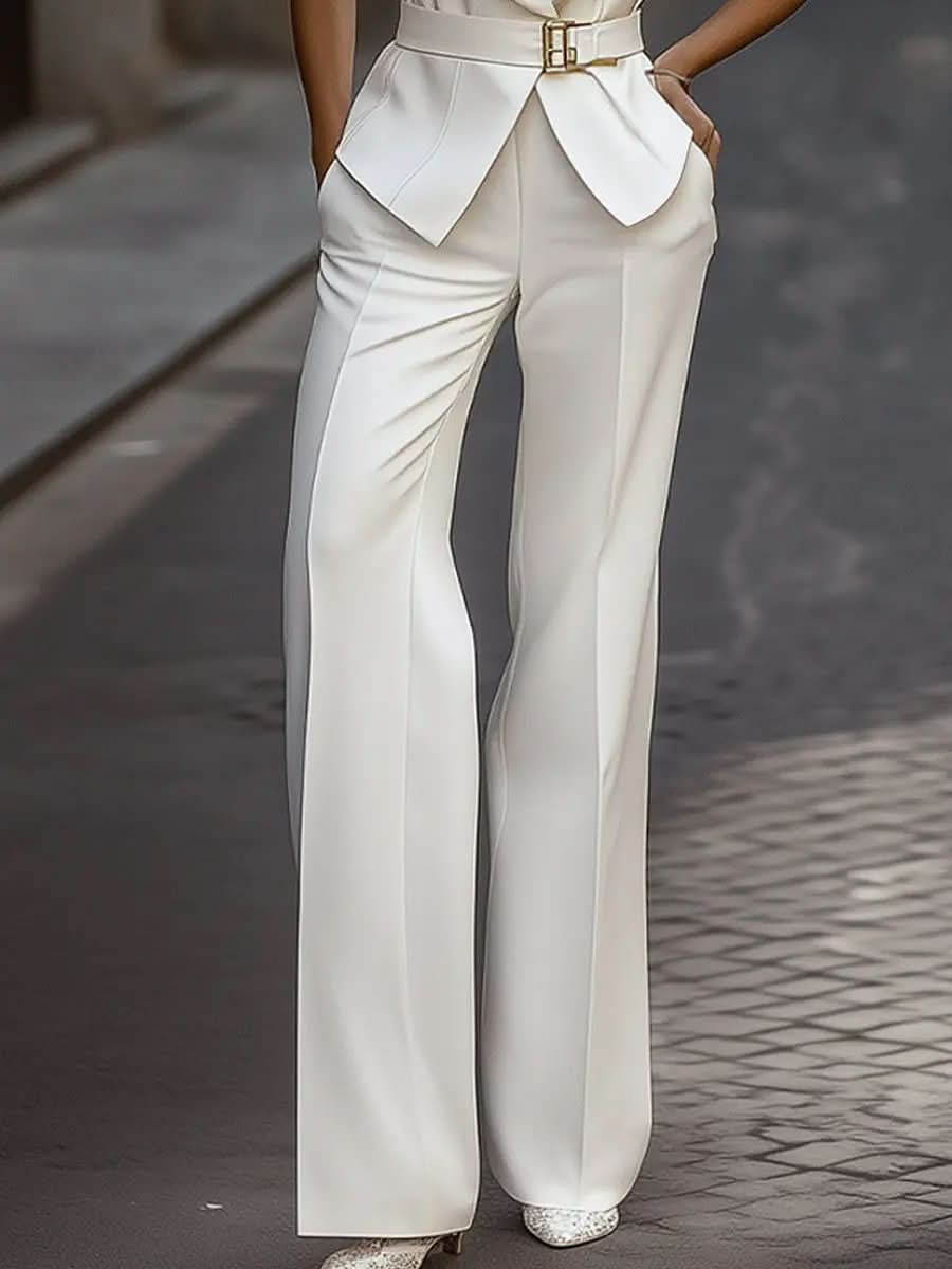 White Sleeveless Belted Pantsuit Set MollyBoo