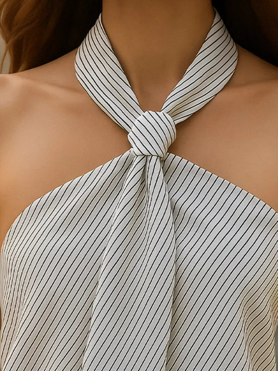Striped Halter-Neck Knot Front Blouse MollyBoo
