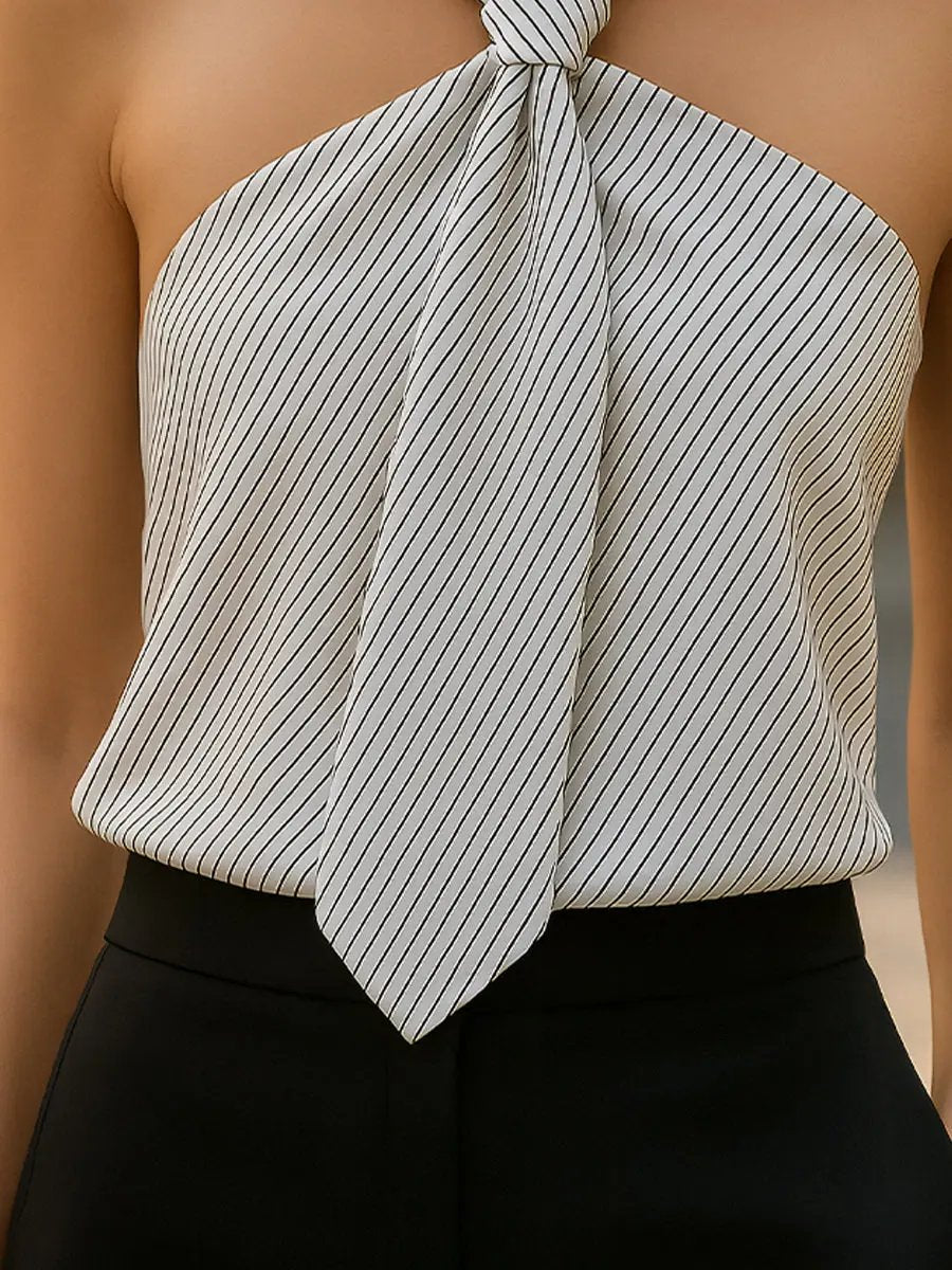 Striped Halter-Neck Knot Front Blouse MollyBoo