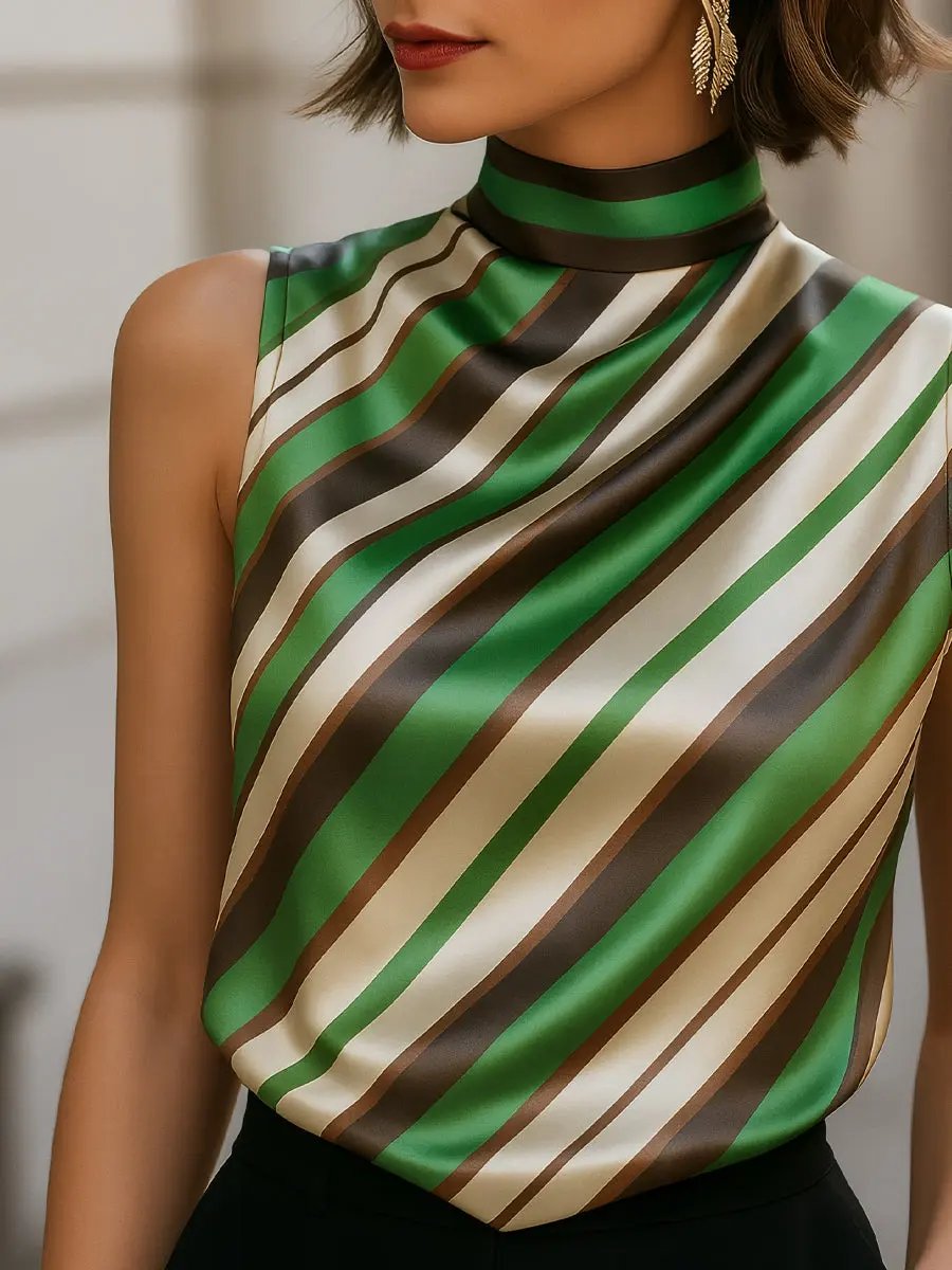 Striped Satin High-Neck Sleeveless Blouse MollyBoo