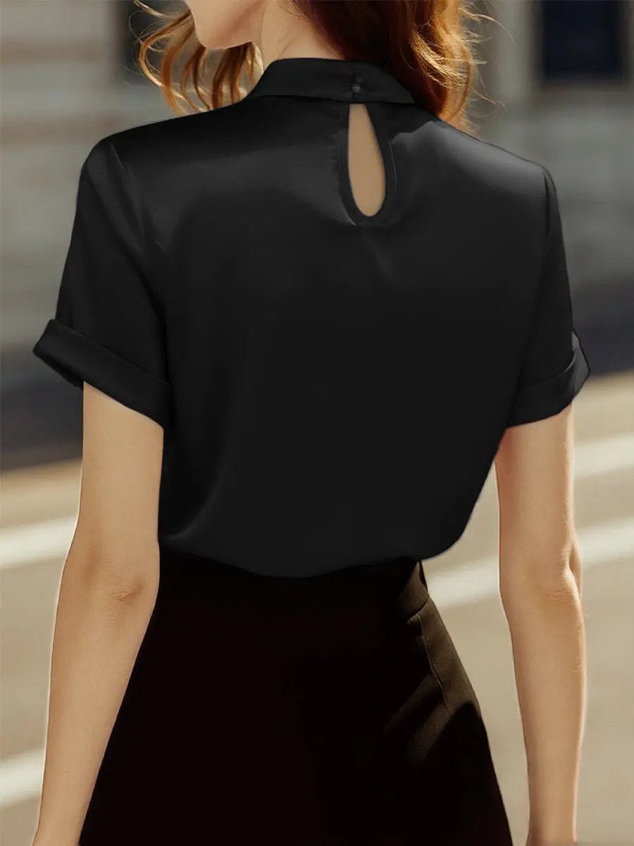 Sophisticated White Satin Blouse with Modern Keyhole Neckline MollyBoo