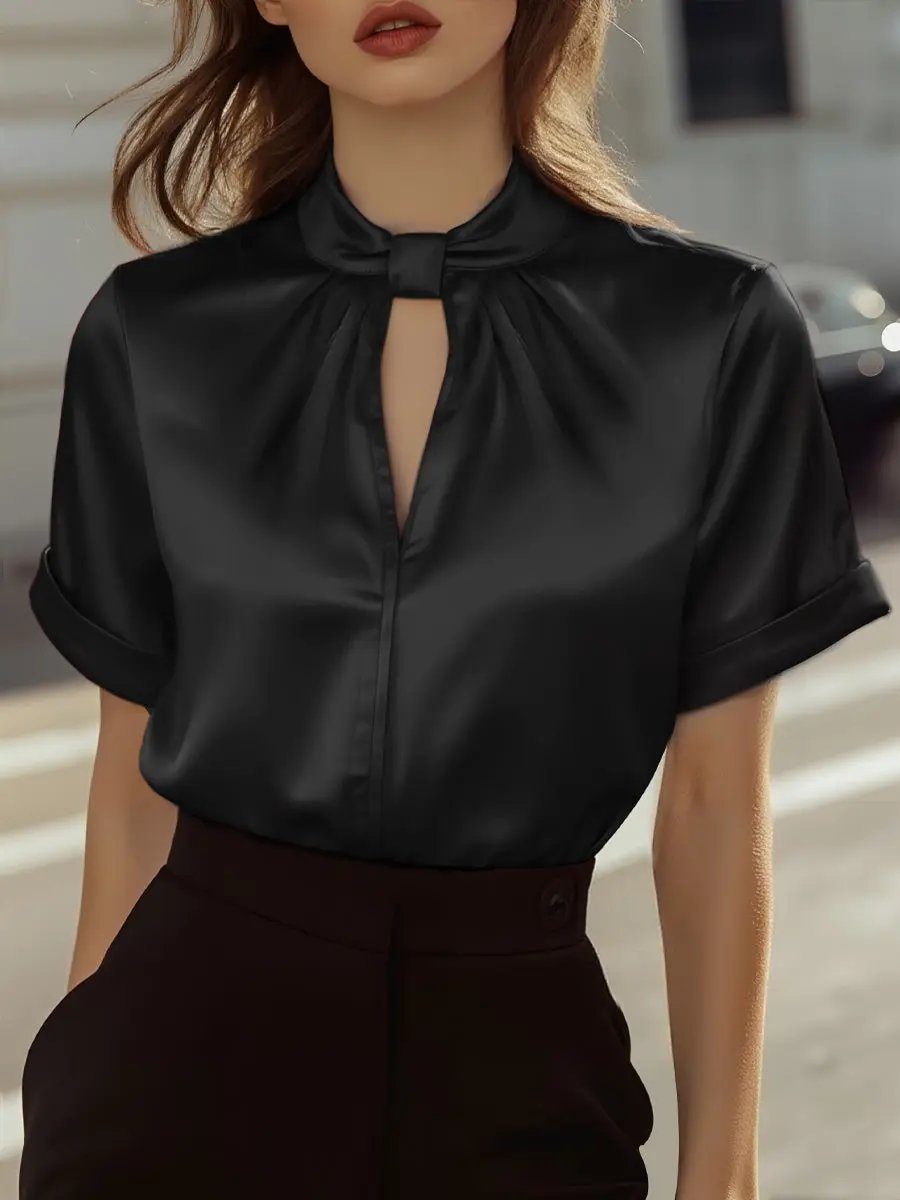 Sophisticated White Satin Blouse with Modern Keyhole Neckline MollyBoo