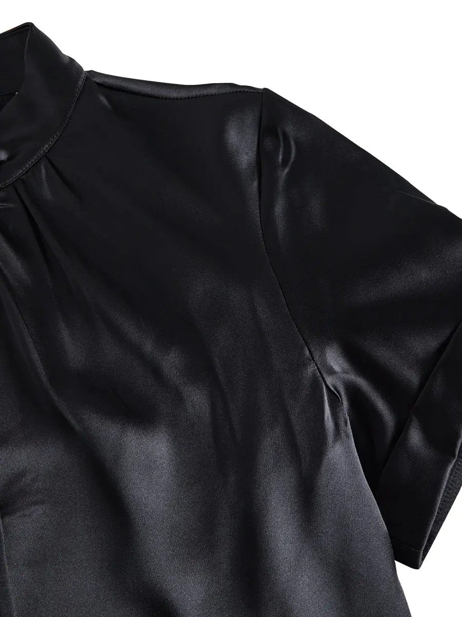 Sophisticated White Satin Blouse with Modern Keyhole Neckline MollyBoo