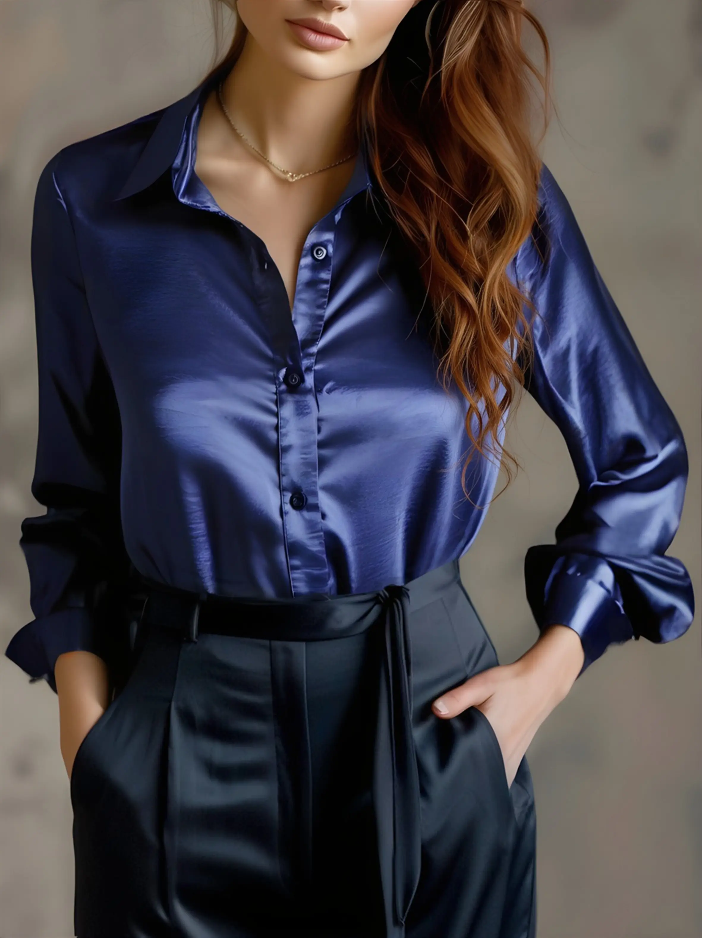 Elegant Black Satin Long Sleeves Blouse MollyBoo