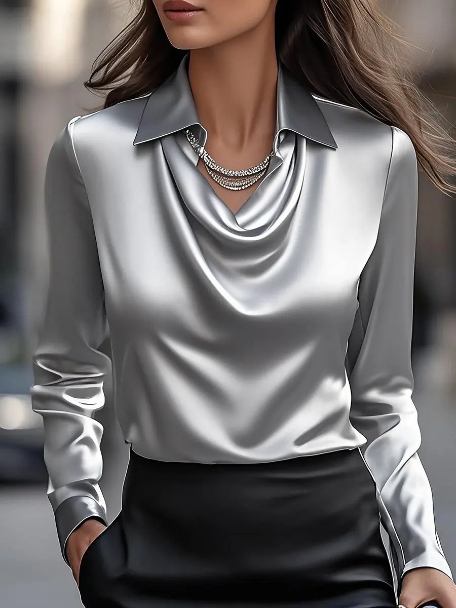 Elegant White Satin Blouse with Draped Neckline MollyBoo