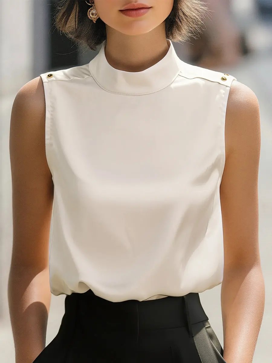 Elegant Ivory High-Neck Sleeveless Satin Blouse MollyBoo