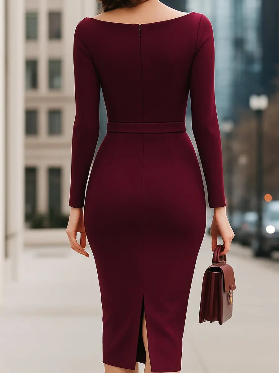 Elegant Wine Red Belted Pencil Midi Dress MollyBoo