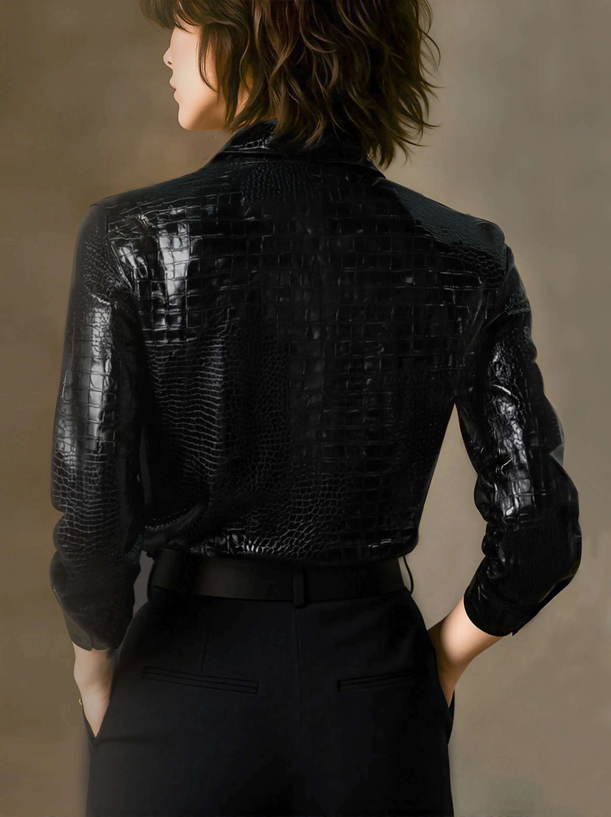 Glossy Black Crocodile Embossed Shirt MollyBoo 16