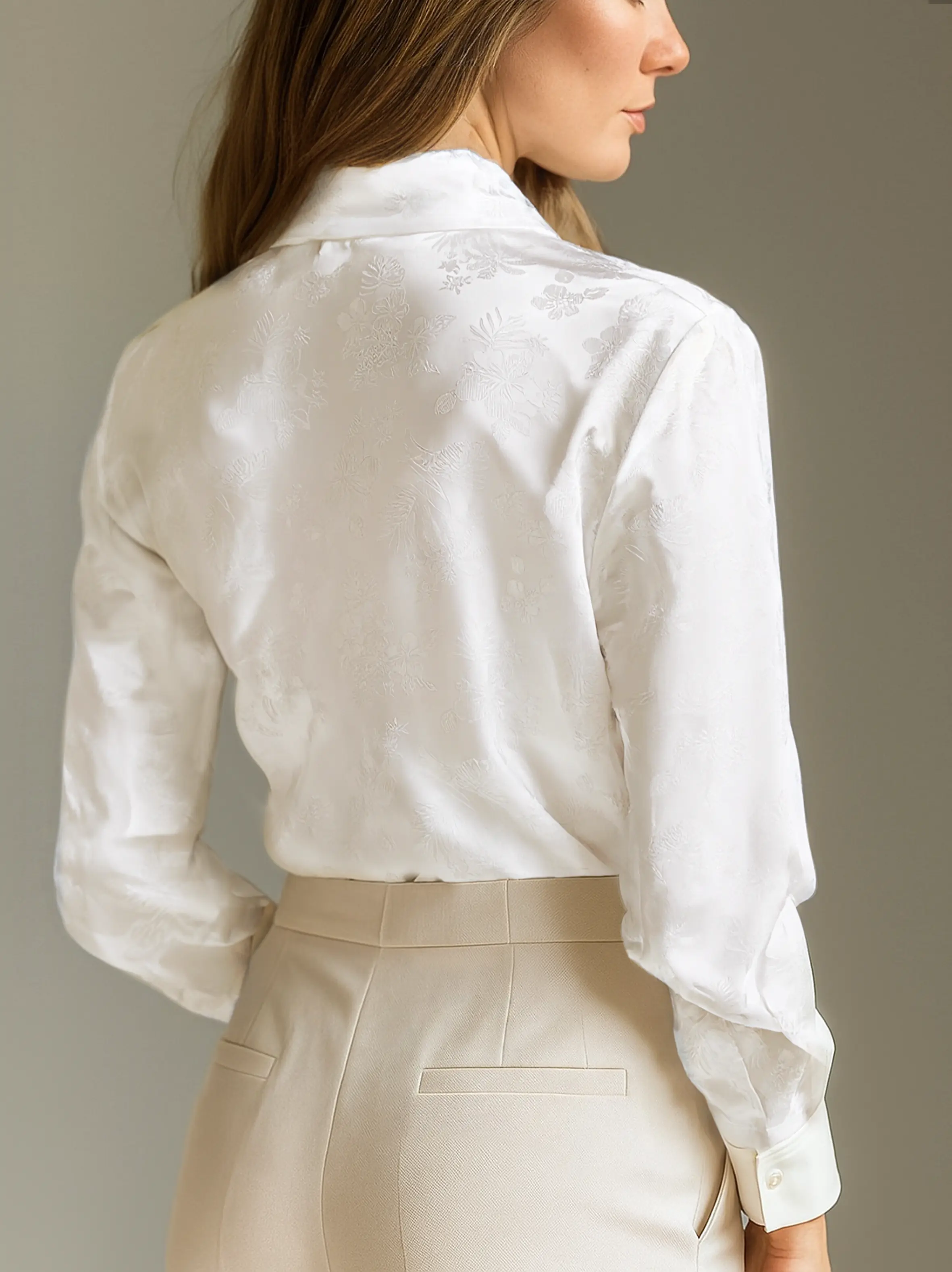 Elegant Ivory Satin Jacquard Shirt MollyBoo