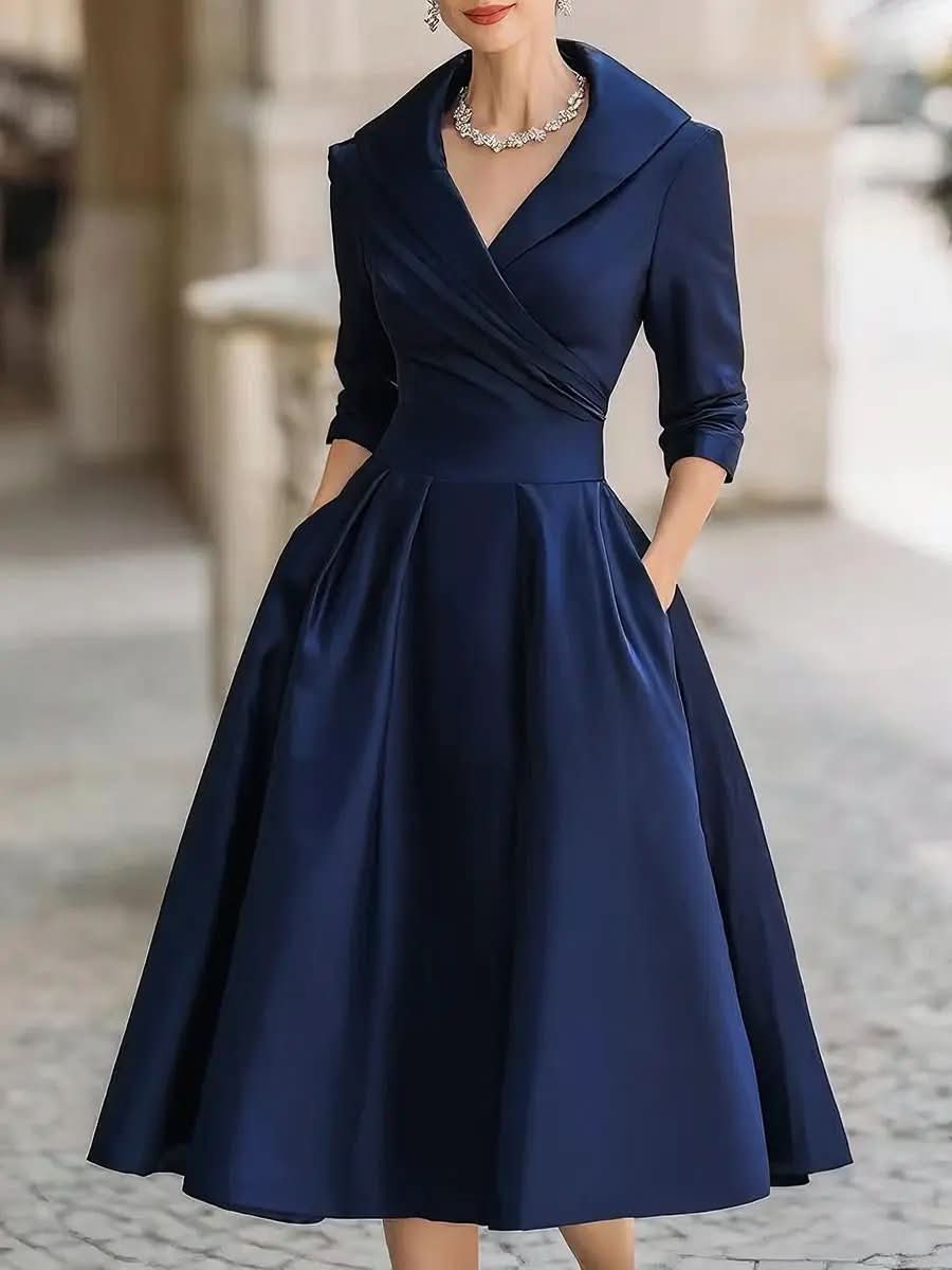 Vintage-Inspired Satin Midi Dress With Draped Collar MollyBoo
