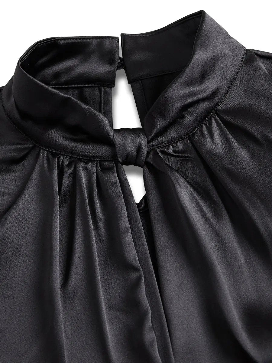 Sophisticated White Satin Blouse with Modern Keyhole Neckline MollyBoo