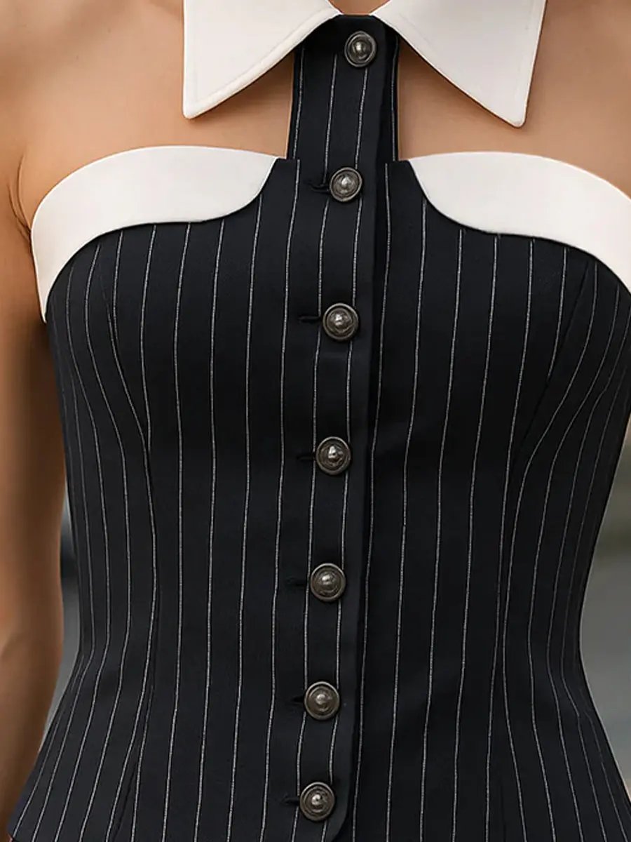 Pinstripe Top With Contrast Collar And Button Front MollyBoo