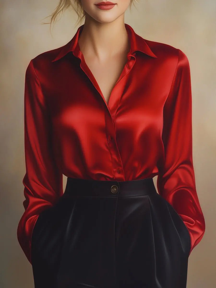 Elegant Black Satin Long Sleeves Blouse MollyBoo