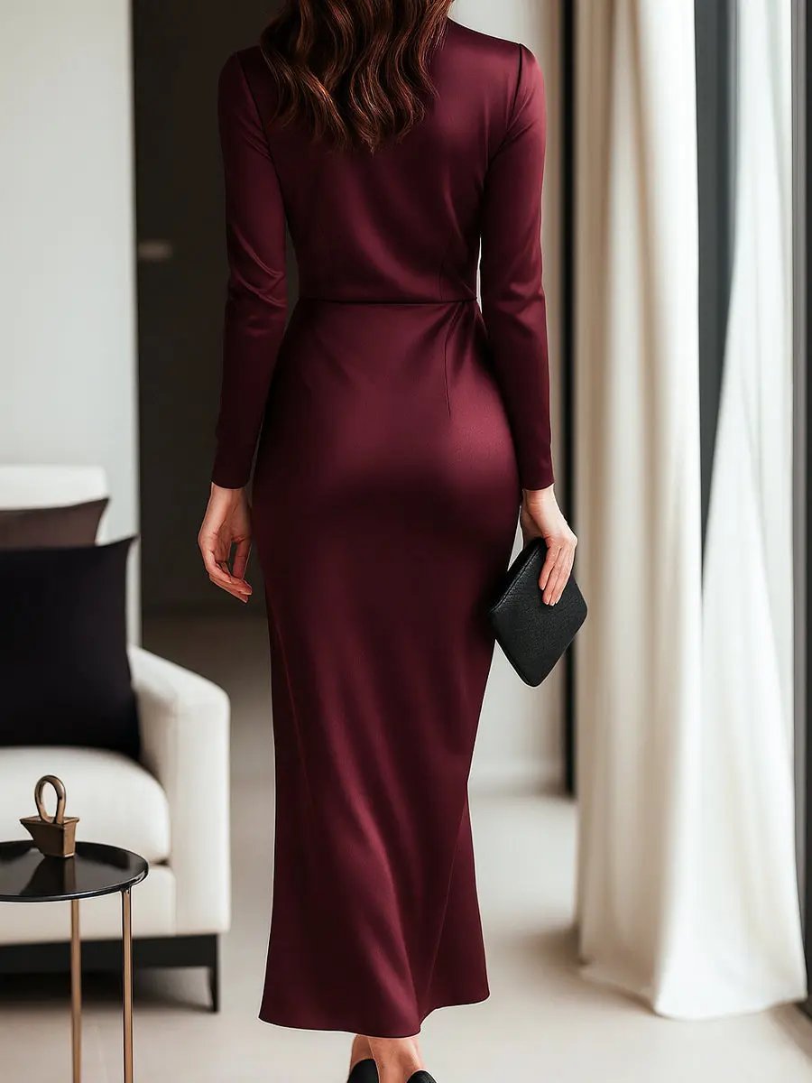 Timeless Burgundy Satin Wrap Dress with Waist Tie Detail MollyBoo