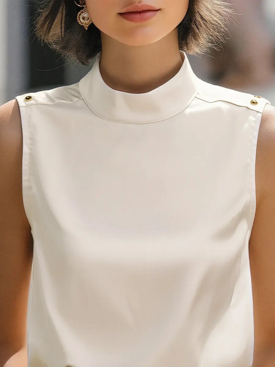 Elegant Ivory High-Neck Sleeveless Satin Blouse MollyBoo