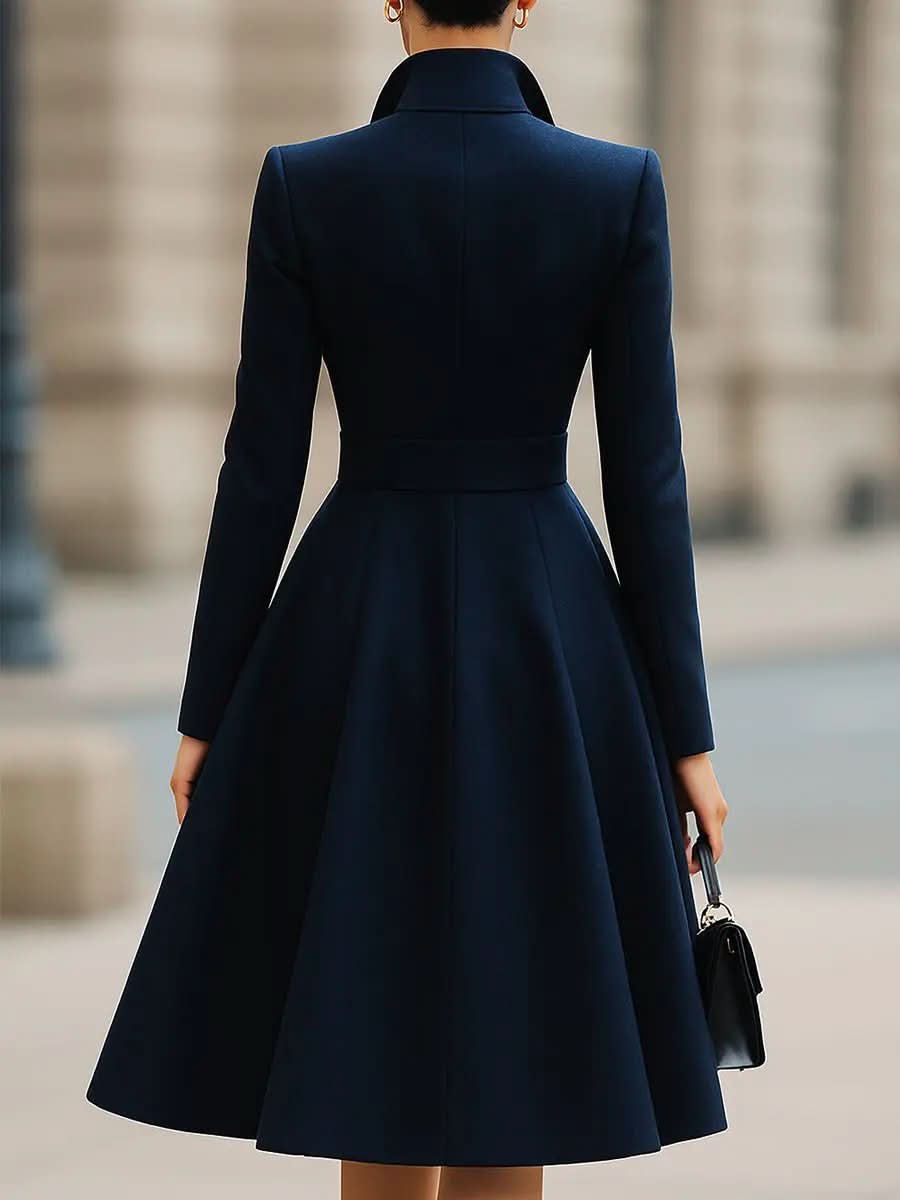Elegant Navy Blue Tailored Fit Flared Coat Dress MollyBoo