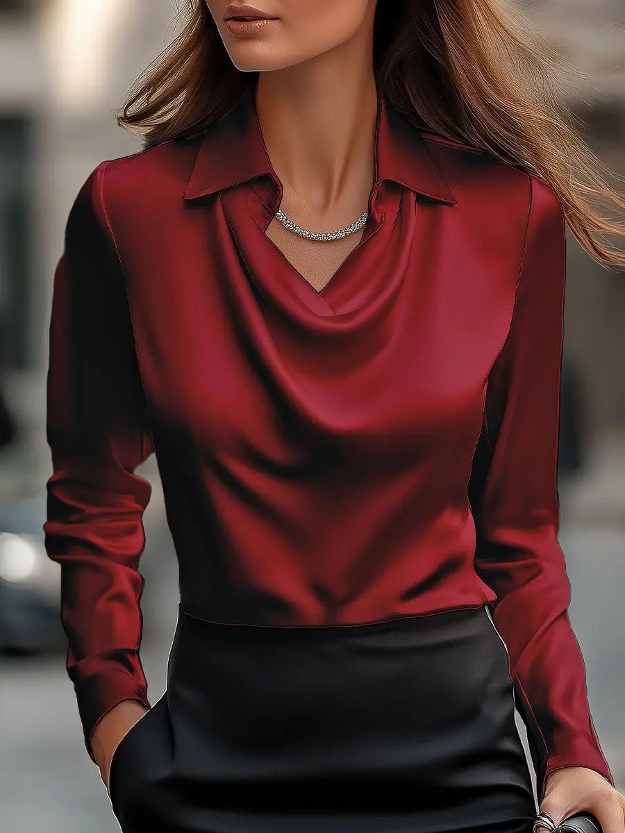 Elegant White Satin Blouse with Draped Neckline MollyBoo