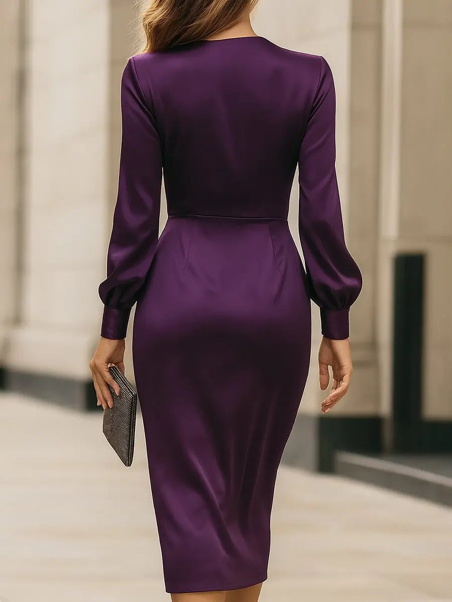 Deep Plum Satin Wrap Midi Dress MollyBoo