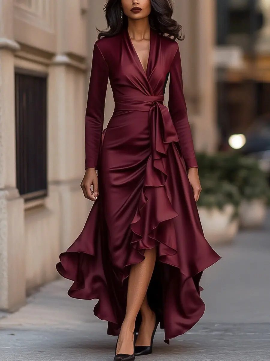 Midnight Blue Draped Satin Maxi Dress With Ruffle Details MollyBoo