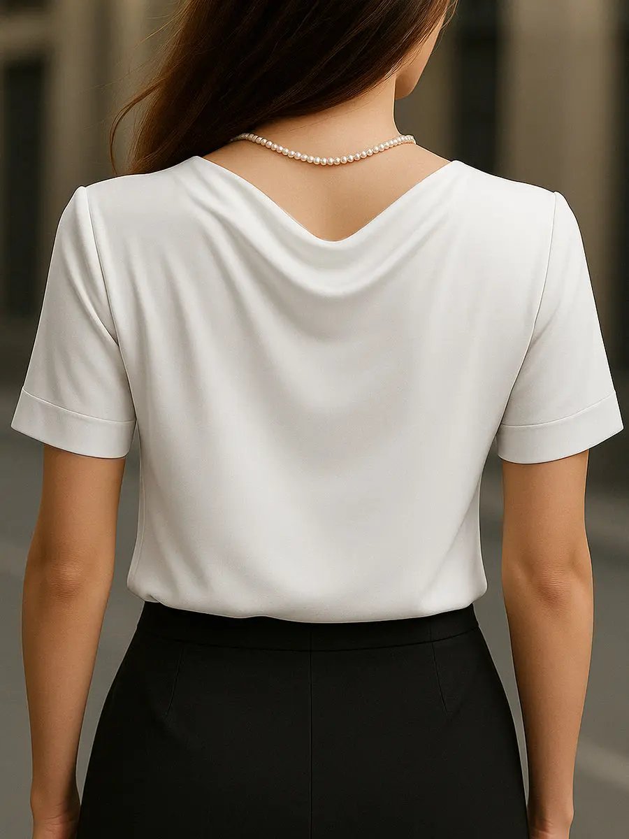 Elegant Plain Short-Sleeve Blouse with Draped Neckline MollyBoo