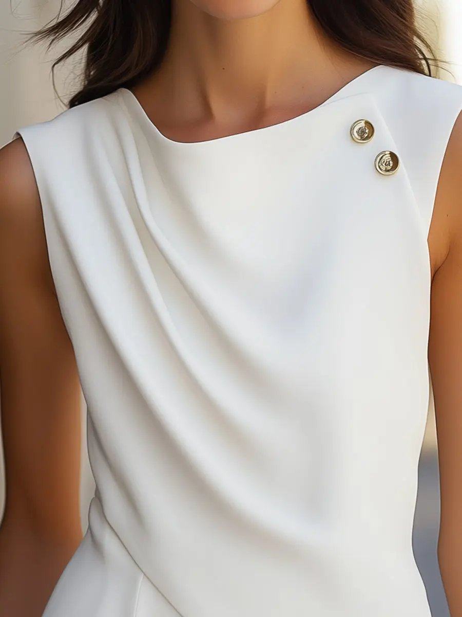 Elegant White Draped Top with Button Detail MollyBoo