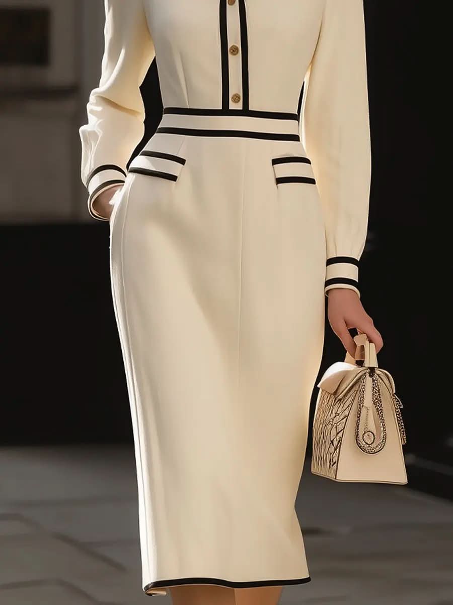 Classic Contrast-Trim Midi Dress With Button Detail MollyBoo