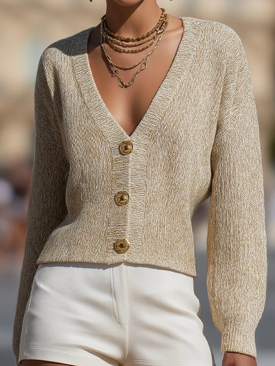 Gold-Threaded Knit Button Cardigan In Champagne Beige MollyBoo
