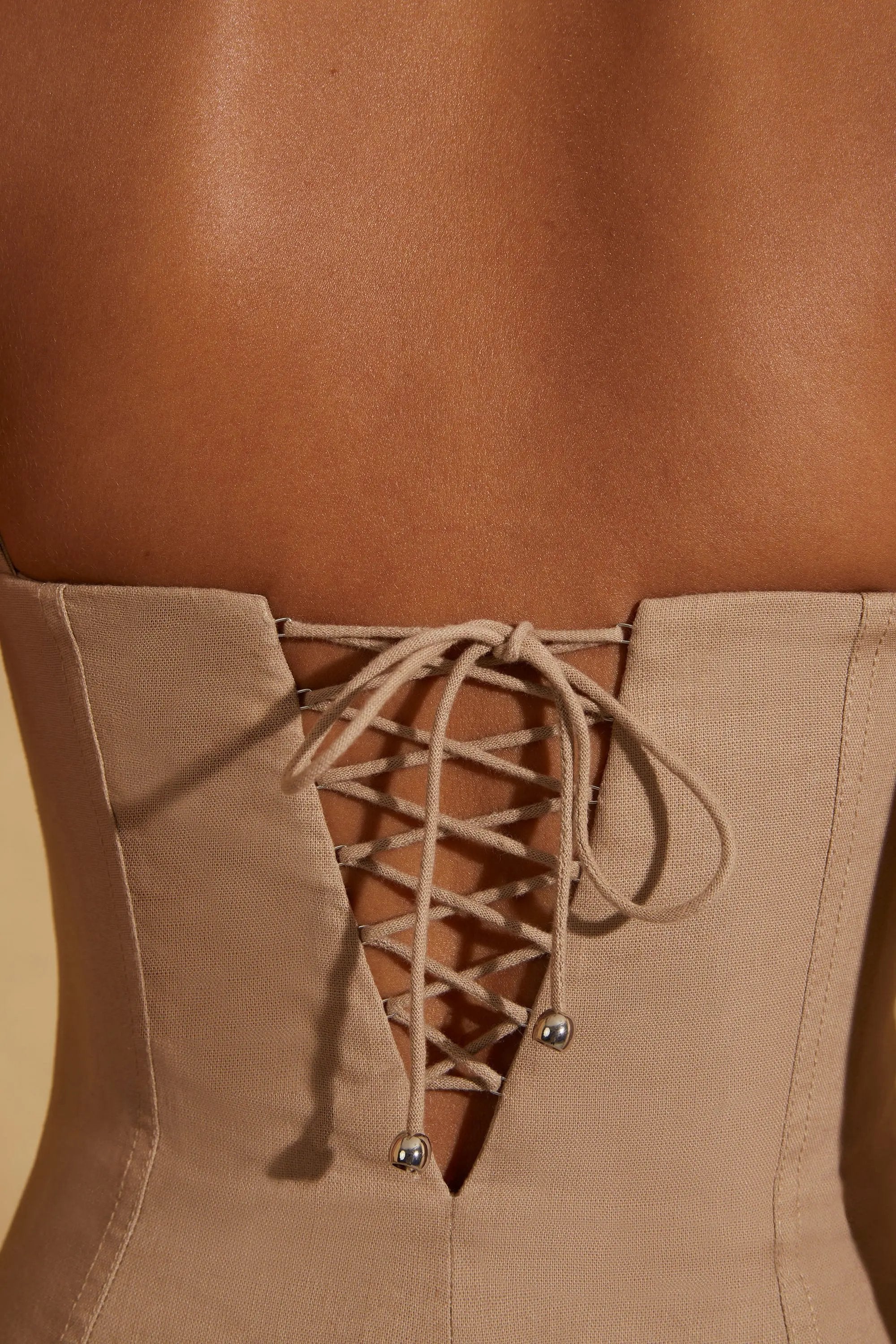 Gathered Bust Linen Mini Dress in Tan Bo+Tee