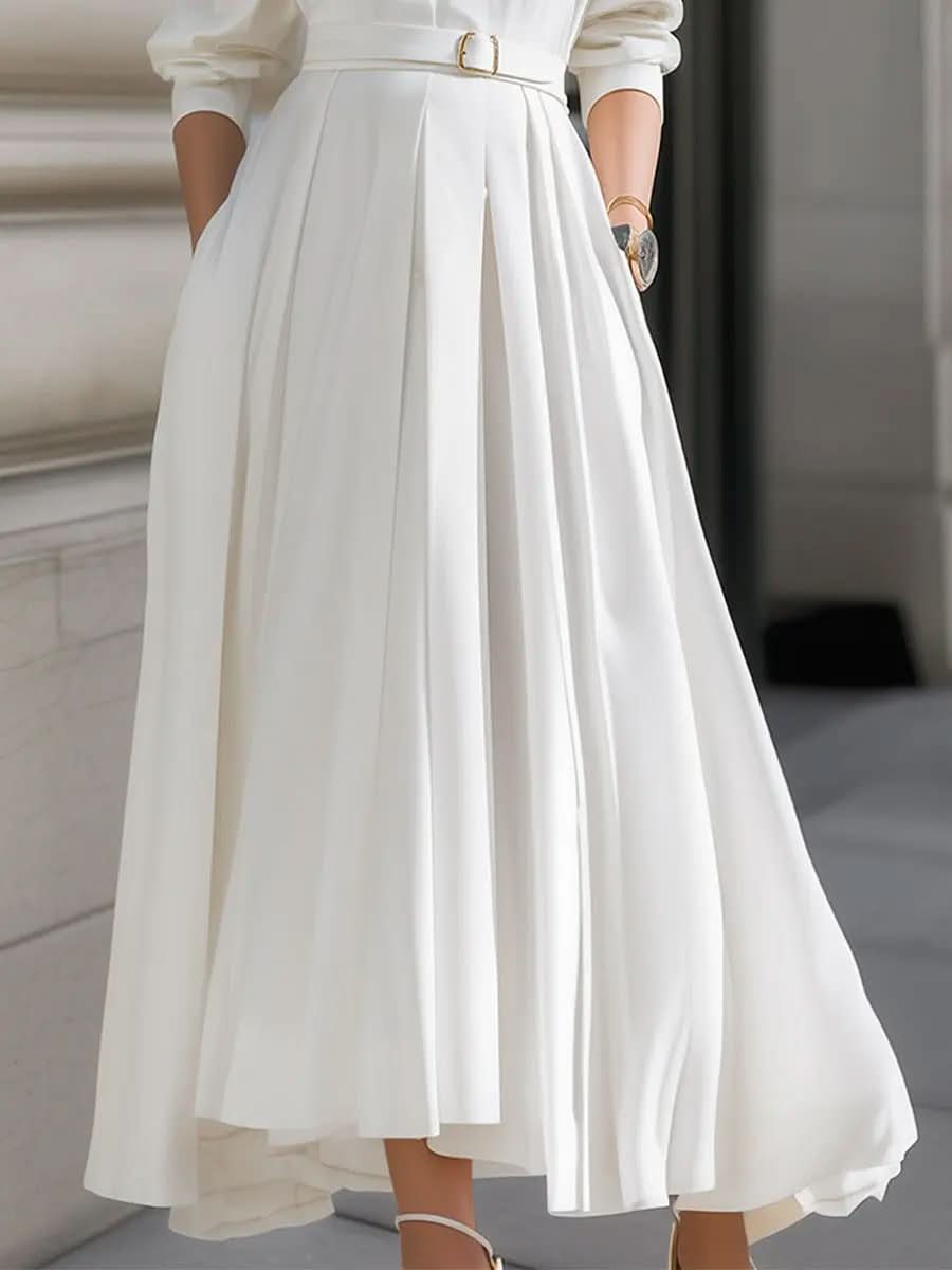 Elegant Plain Belted Shirt Dress With Pleated Skirt MollyBoo