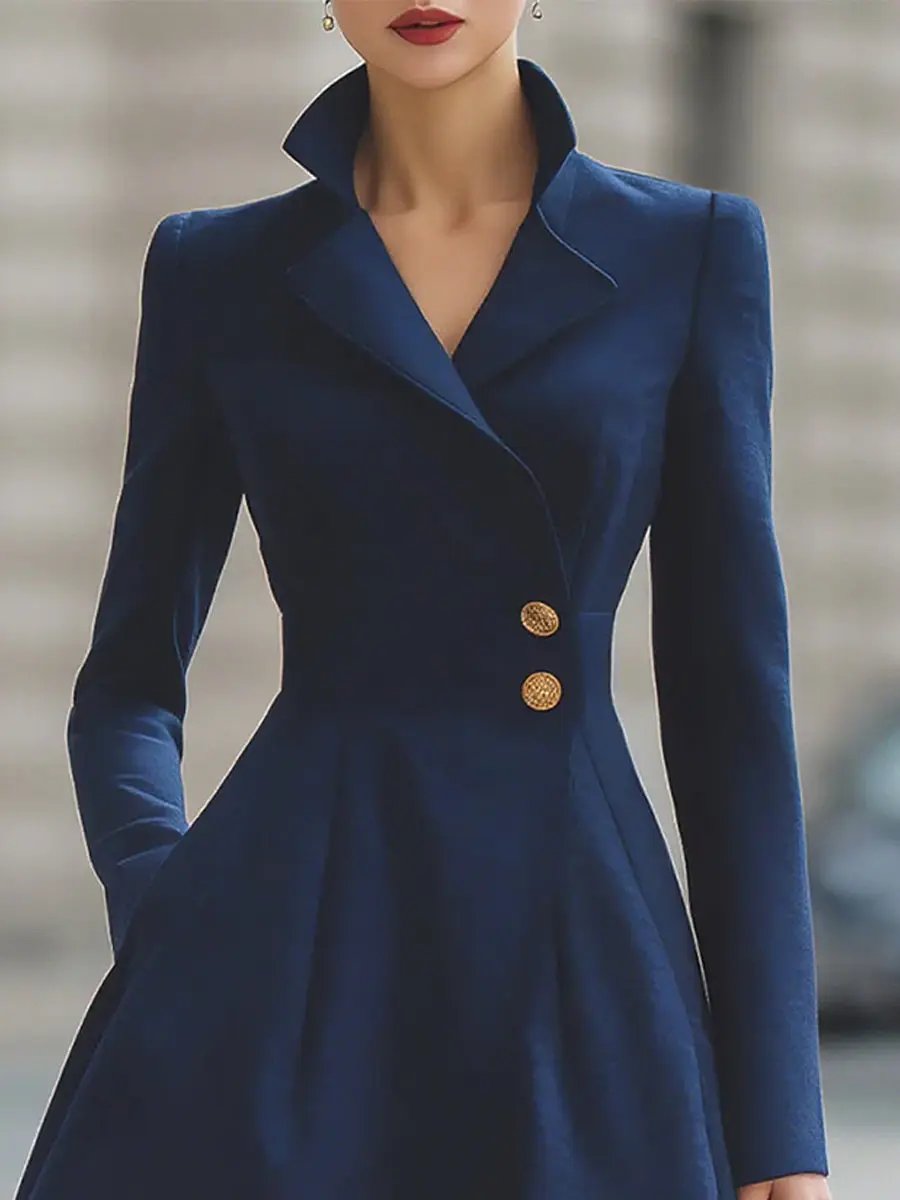 Elegant Navy Blue Tailored Fit Flared Coat Dress MollyBoo
