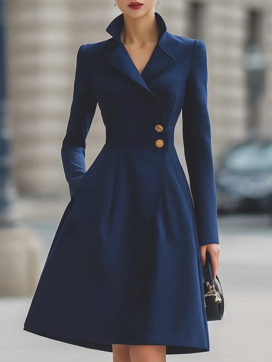 Elegant Navy Blue Tailored Fit Flared Coat Dress MollyBoo