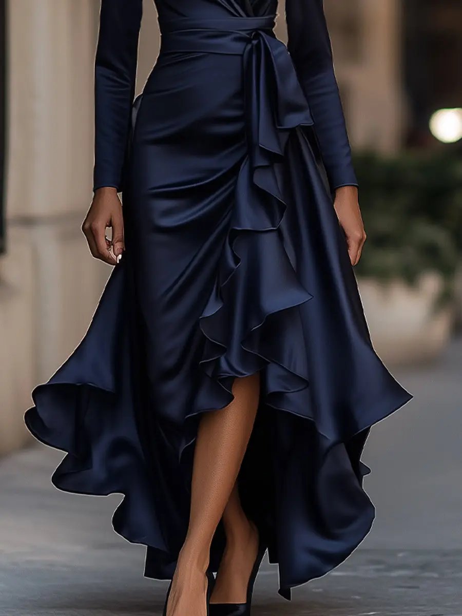 Midnight Blue Draped Satin Maxi Dress With Ruffle Details MollyBoo