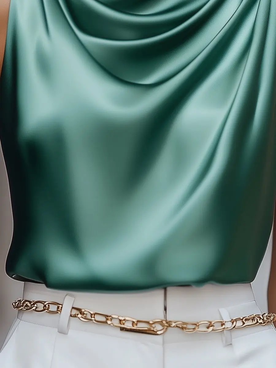 Teal Satin Drape Neck Blouse MollyBoo